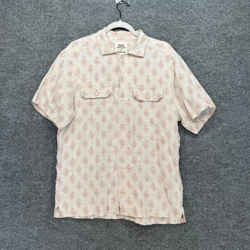 Blake Shelton x Lands‎ End Shirt Mens Medium Beige 100% Linen Western Print